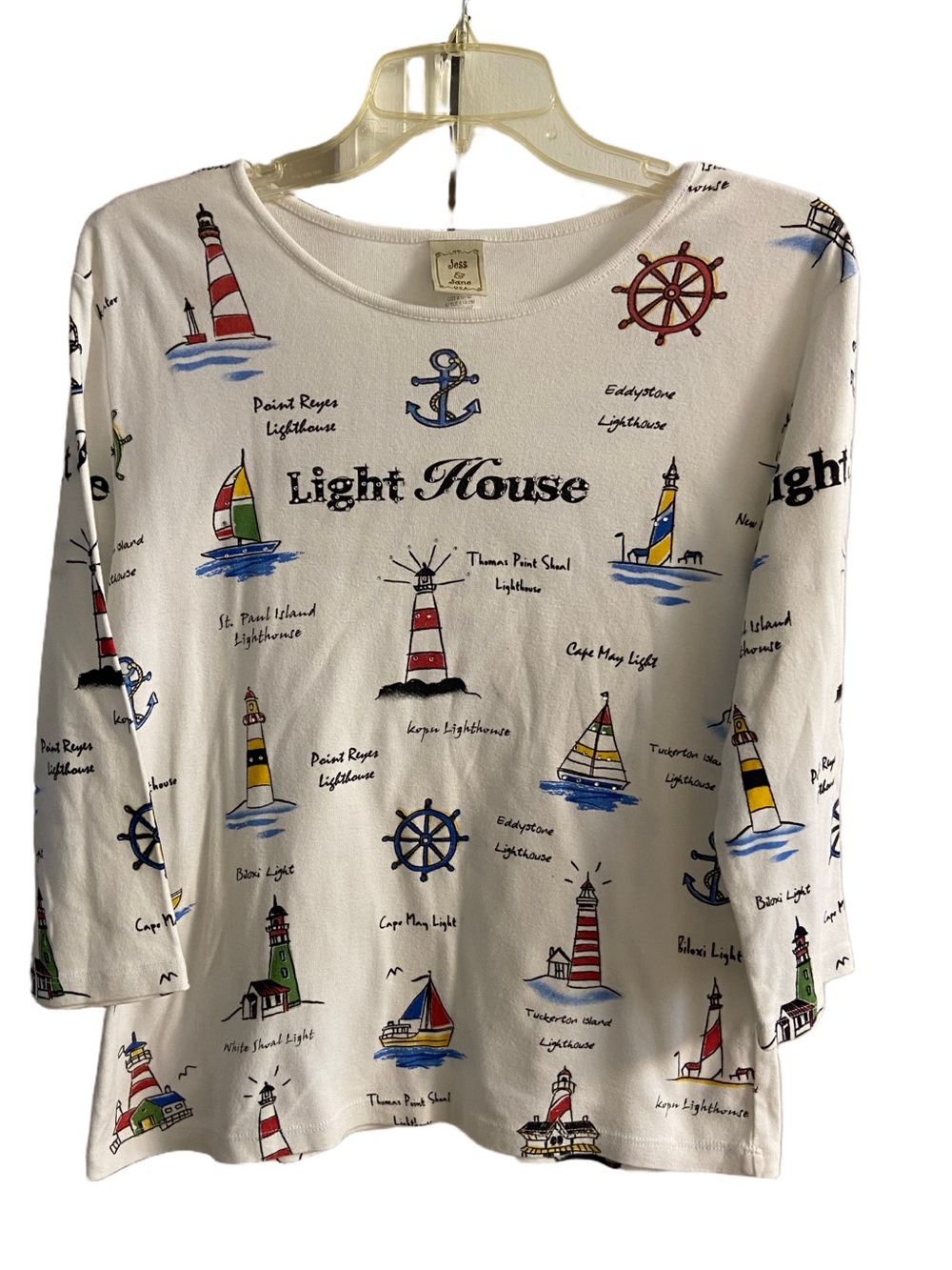 Jess & Jane Lighthouse Sailboat Graphic Top 3/4 Sleeve